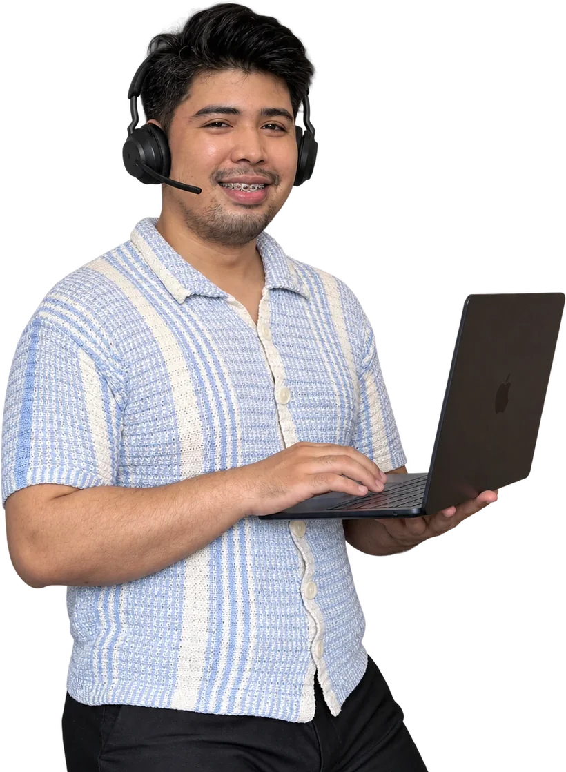Next Matter Pro legal support specialist wearing a headset and holding a laptop