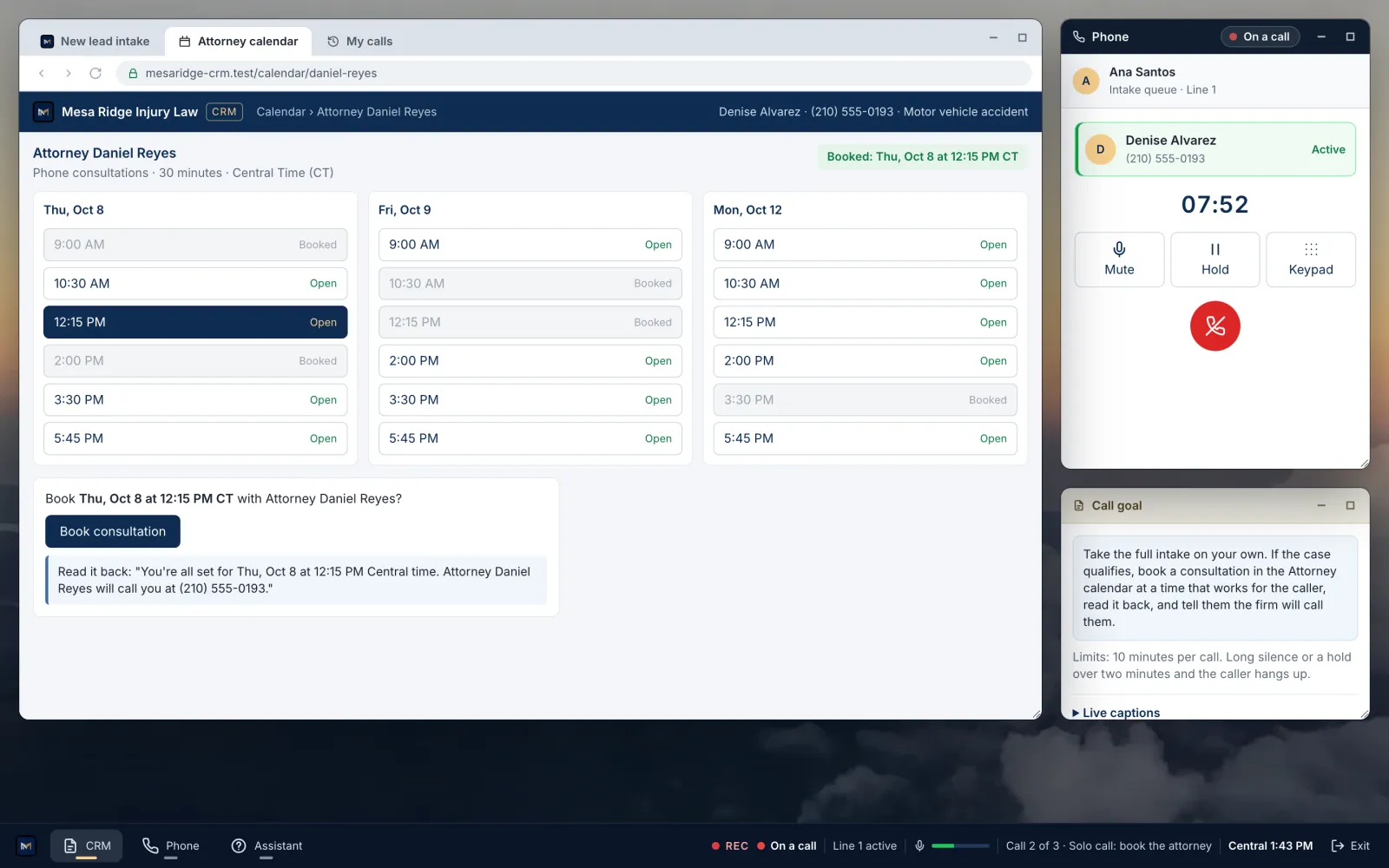 Booking a consultation on the attorney's calendar during a practice call