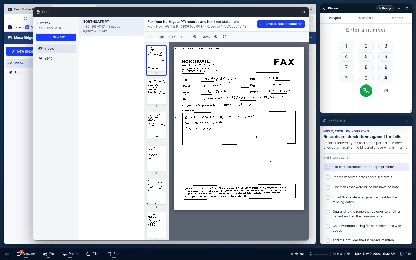 Faxed medical records open in the fax app, with grainy, slightly crooked pages and the shift checklist beside them